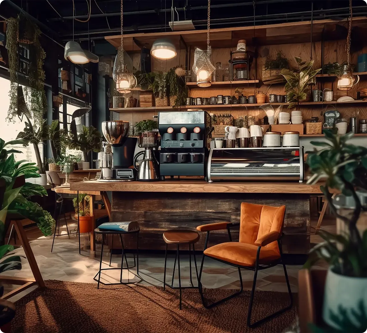 A barista pouring a rosetta into a white cup on the espresso bar